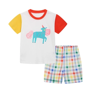 Kids cotton summer set with cartoon unicorn print white t-shirt and colorful plaid shorts