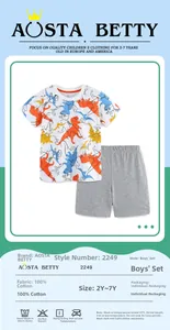 Size chart for boys' 100% cotton dinosaur print t-shirt and grey shorts set from 2Y to 7Y