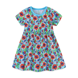 Abito da principessa a maniche corte per neonata con stampa floreale in cotone azzurro