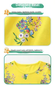 Détail du motif floral en coton doux et du col rond classique sur la robe d'été pour filles