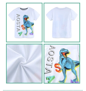 Detailed fabric texture and dinosaur print on children's white cotton short sleeve t-shirt