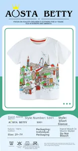 Détail du t-shirt blanc garçon 100% coton avec imprimés colorés de la ville de Londres