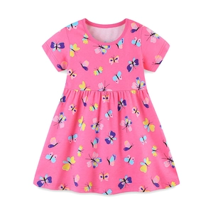 Pink cotton girls butterfly print princess dress with short sleeves and round neck
