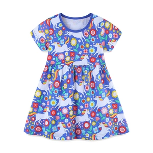 Vestido azul de manga corta para niñas con estampado de unicornios y flores en blanco