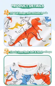 Detailed view of kids cotton t-shirt with colorful cartoon dinosaur prints and ribbed collar