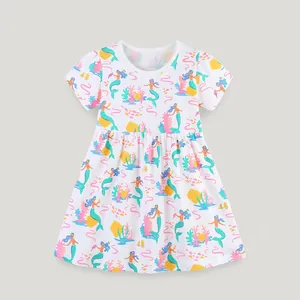 Mädchen Sommer Baumwolle Kurzarm Kleid Cartoon Meerjungfrau Druck Prinzessin A-Linie Kleid Für Kleinkinder Kinder Freizeit Party