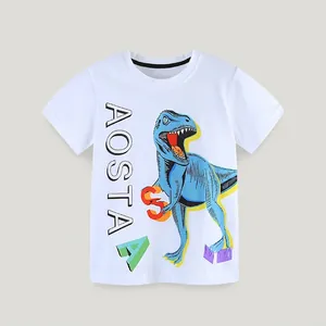 T-Shirt en Coton d'Été pour Garçons Imprimé Dinosaure Dessin Animé Manches Courtes Col Rond Hauts Décontractés pour Enfants 2-7 Ans