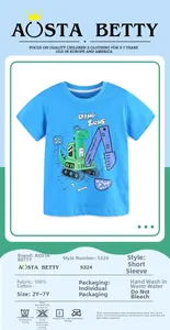 Detail showing 100% cotton fabric and cartoon dinosaur print on light blue boy's T-shirt