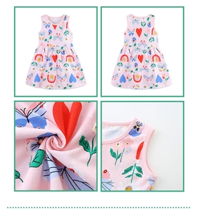 Detailed views of cotton girls sleeveless dress with butterfly and rainbow prints