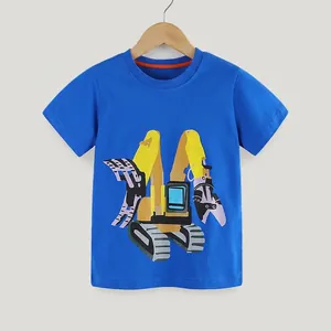 T-Shirt en Coton pour Garçons Manches Courtes Imprimé Excavatrice de Dessin Animé Col Rond Été Décontracté Haut Graphique