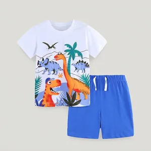 Boys Summer Cotton Short Sleeve T-Shirt And Shorts Clothing Suit Cartoon Dinosaur Print Casual Pullover Outfit Kids