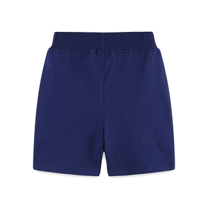 Back view of navy blue boys cotton sports shorts with elastic ribbed waistband and flat lay design