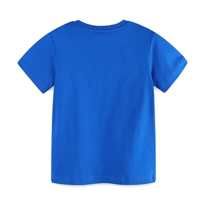 Vue arrière de t-shirt enfant en coton bleu à manches courtes et col rond à plat