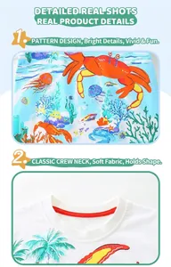 Détails du col rond et de l'imprimé animaux marins sur un t-shirt blanc pour petit garçon