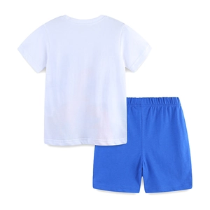 Summer boys knit cotton outfit featuring white short sleeve tee and blue sports shorts