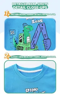 Detail of blue cotton boy's T-shirt showing cartoon dinosaur print and round neckline