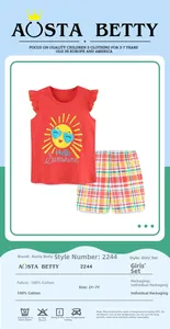 Detail of red cotton tank top with Hello Sunshine print and plaid shorts set