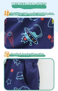 Detailed view of navy cotton shorts with space prints and elastic waistband with pockets