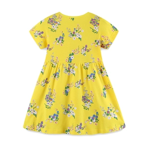 Robe jaune à fleurs pour fille avec manches courtes, col rond et jupe plissée