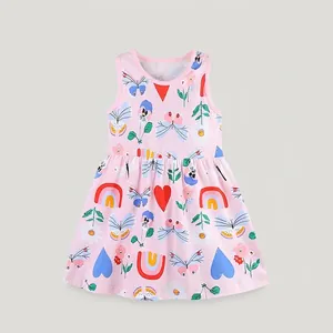 Girls Summer Sleeveless Cotton Cartoon Printed Dress Sweet Princess A-Line Sundress Butterfly Rainbow Floral Pink Kids Clothes