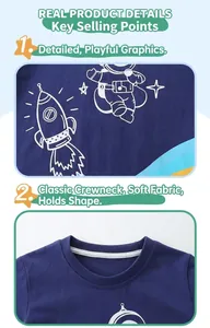 Close-up of crew neckline and white astronaut print on navy blue cotton boy's t-shirt