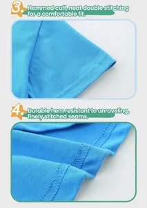 Detail of double-needle stitching on sky blue cotton T-shirt cuffs and hemline
