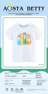 Close-up of 100% cotton white kids T-shirt with colorful cartoon animal print detail