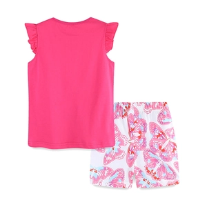 Completo estivo da bambina con t-shirt rosa a balze e shorts a stampa farfalle