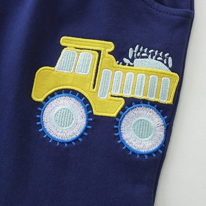 Boys sports shorts with cartoon truck embroidery on navy blue knitted cotton fabric