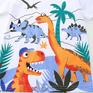 Boys white knit cotton set with colorful cartoon dinosaur prints and tropical motifs