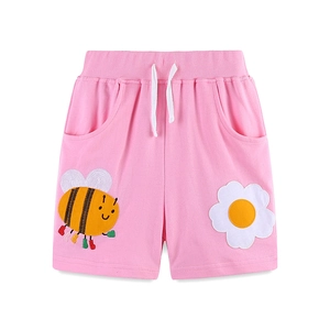 Pantaloncini rosa in cotone per bambina con ricamo ape e coulisse bianca