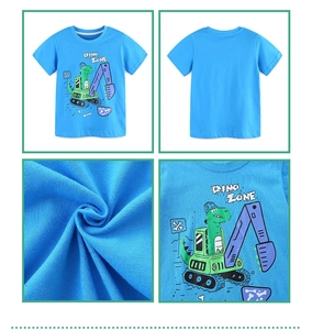 Close-up of blue cotton T-shirt featuring cartoon dinosaur driving a purple excavator detail