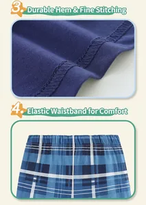Detail view of cotton t-shirt hem and elastic checkered waistband with durable stitching