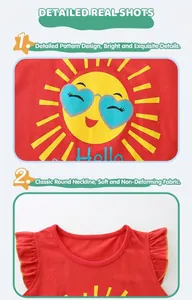 Close-up of classic round neck and cartoon sun print on red cotton toddler top