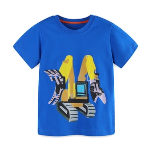 T-shirt bleu ciel en coton pour enfants avec imprimé excavatrice jaune et col rond orange