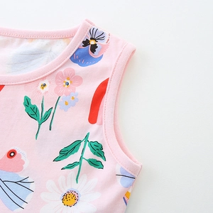 Pink sleeveless girl's dress with colorful floral print and ribbed crew neck details