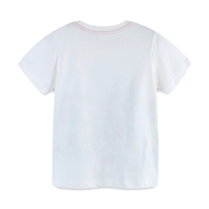 Vue arrière du t-shirt blanc pour garçon en coton avec bordure rose clair au col rond