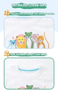 Detail of soft cotton kids t-shirt showing round neckline and colorful animal prints
