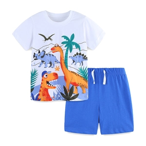 Boys' summer cotton knit set with cartoon dinosaur prints on white tee and blue shorts