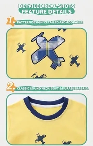 Detail showing the cotton crew neck and airplane patch embroidery on the yellow kids' t-shirt