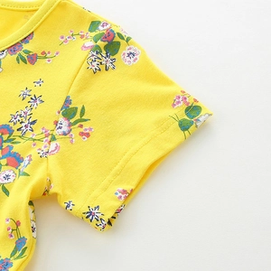 Robe de princesse jaune pour filles à imprimé fleuri en coton de haute qualité à manches courtes
