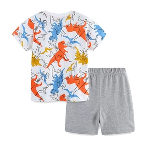 Boys summer cotton set with colorful cartoon dinosaur print t-shirt and grey casual shorts