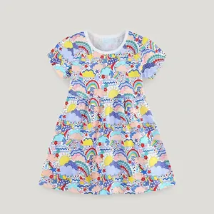 Robe Décontractée à Manches Courtes en Coton pour Filles Imprimé Arc-en-ciel de Dessin Animé Robe de Princesse d'Été Enfant