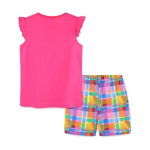 Completo estivo da bambina con top rosa con volant e pantaloncini a quadri colorati