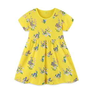 Robe d'été jaune pour fille avec imprimé floral, manches courtes et col rond style princesse