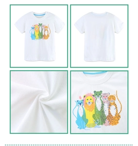 Detailed views of boys white cotton T-shirt with colorful cartoon animal print and round neck