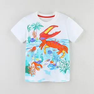 T-Shirt en Coton pour Garçons Style Occidental Imprimé Dessin Animé Vie Marine Crabe Col Rond Manches Courtes Hauts d'Été
