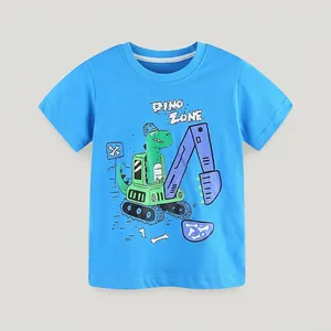 Boys Cartoon Dinosaur Excavator Printed T-Shirt Summer Short Sleeve Cotton Round Neck Breathable Casual Sport Top For Kids