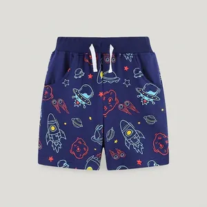 Boys Cotton Casual Shorts Summer Space Rocket Printed Shorts Breathable Elastic Waist Drawstring Kids Sports Bottoms Navy Blue