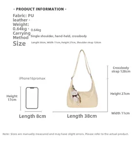 Detailed size comparison of the cream PU hobo bag with an iPhone 16 Pro Max
